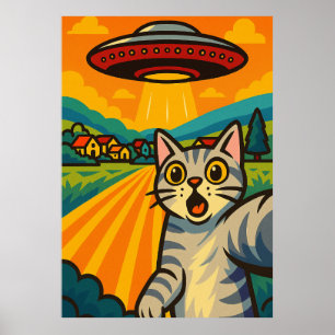 Rolig utomjording katt UFO-bortförande Katt Retro Poster
