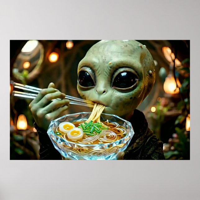 Rolig utomjording som äter Ramen Nudlar Poster (Framsidan)