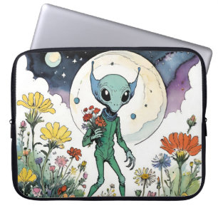 Rolig utomjording som plockar blommor med fullmåne laptop fodral
