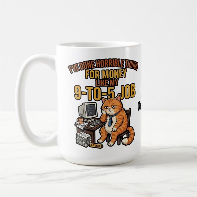 Rolig Uttröttad Gingerkatt 9-till-5 Arbets Humor Kaffemugg (Vänster)