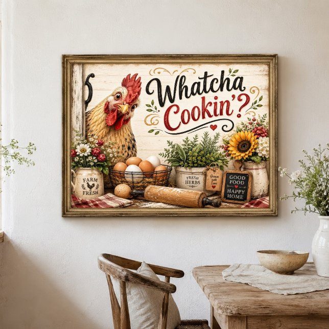 Rolig väggkonst med höns för bondgårdskök (Funny Chicken Rooster Farmhouse Kitchen Wall Art, Whatcha Cookin? Country Rustic Kitchen Decor)