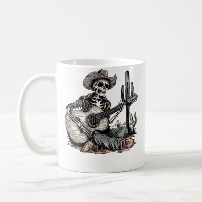 Rolig västerländsk skelettcowboy som spelar gitarr kaffemugg (Vänster)
