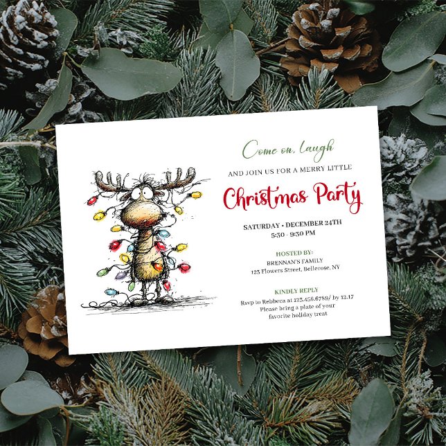 Rolig vattenfärg julkort för julfest med ren inbjudningar (Funny Reindeer Watercolor Christmas Party Card)