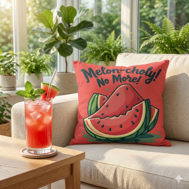 Rolig vattenmelonsskämt "Melon-choly No More"  Kudde (Funny Watermelon Pun Melon-choly No More Throw Pillow Mockup A)