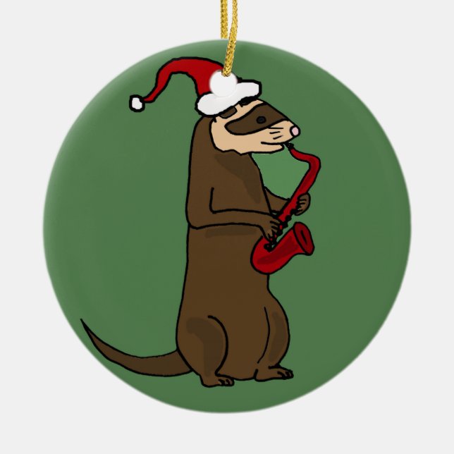 Rolig vessla som leker saxofonjulkonst julgransprydnad keramik (Framsidan)