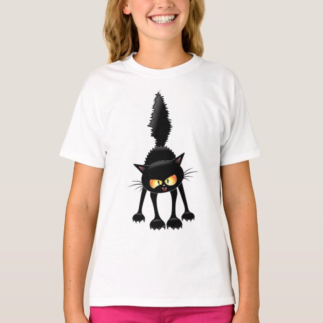 Rolig Vild Svart Katt Tecknad  T Shirt (Framsida)
