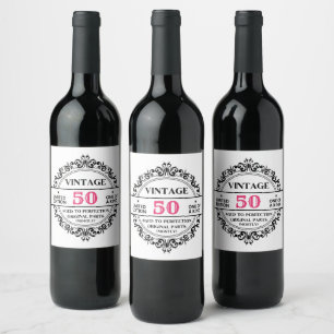 Rolig Vintage 50-års Svart och Rosa Födelsedags Ny Vinflaska Etikett