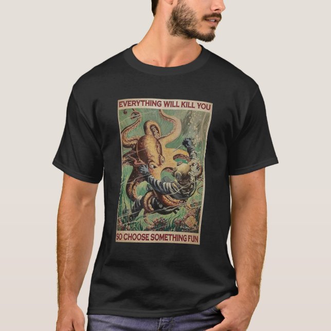 Rolig Vintage Bläckfisk Dykande T-Shirt (Framsida)