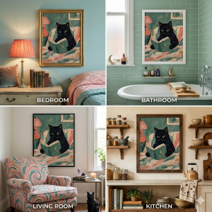 Rolig Vintage Svart Katt som läser Bok affisch