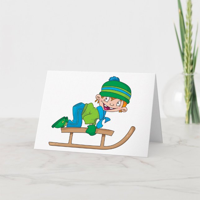 Rolig vinterslädförande pojke Söt snöäventyr Kort (Skapare uppladdad)