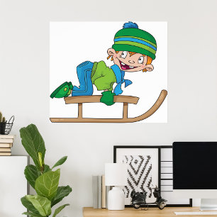 Rolig vinterslädpojke Söt snöäventyr Poster