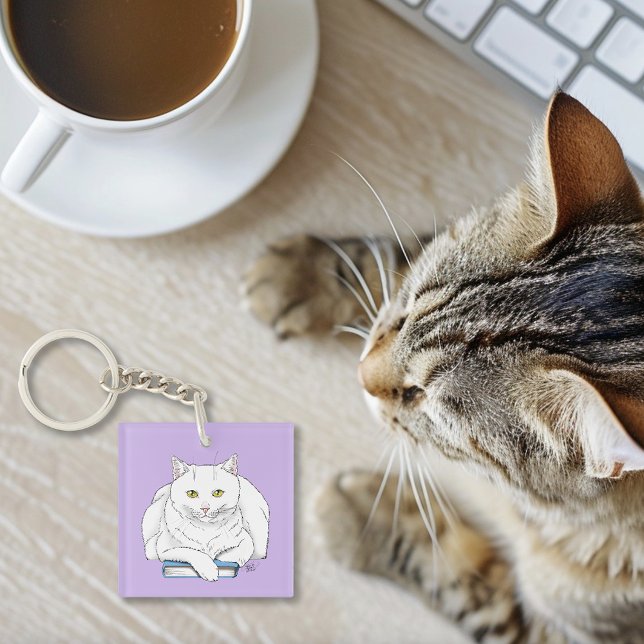 Rolig Vit Katt Bok Läsning Humor Lila (Skapare uppladdad)