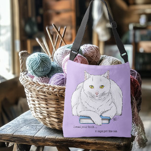 Rolig Vit Katt Bok Läsning Humor Lila Axelväska