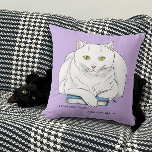 Rolig Vit Katt Bok Läsning Humor Lila Kudde