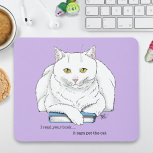 Rolig Vit Katt Bok Läsning Humor Lila Musmatta