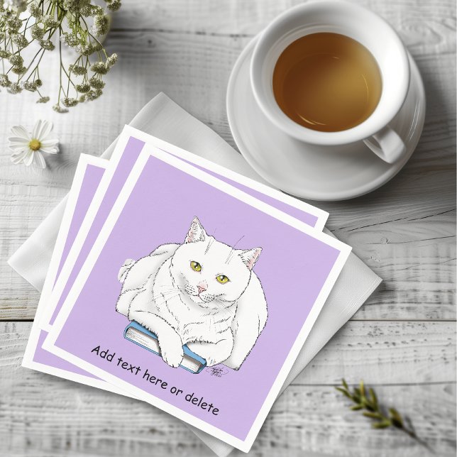Rolig Vit Katt Bok Läsning Humor Lila Pappersservett (Skapare uppladdad)