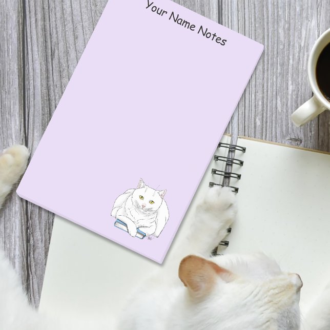 Rolig Vit Katt Bok Läsning Humor Lila Post-it Block (Skapare uppladdad)