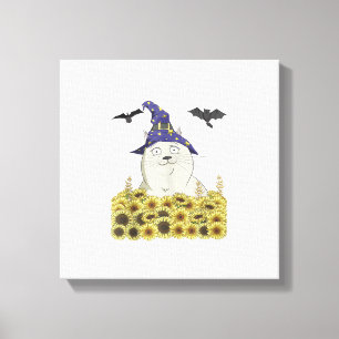 Rolig vit katt i häxhatt Vintage Halloween Sol Canvastryck
