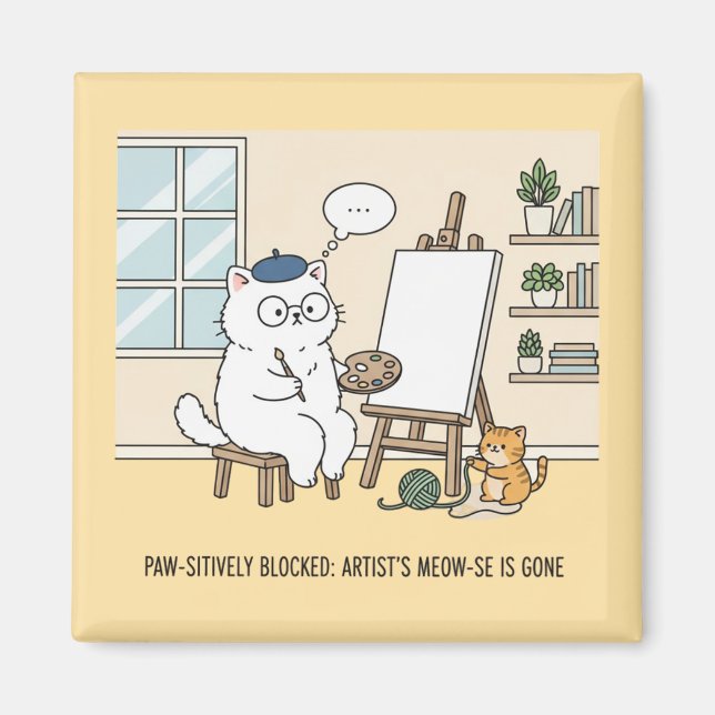 Rolig vit katt konst Block Studio Katt Heminrednin Magnet (Framsidan)