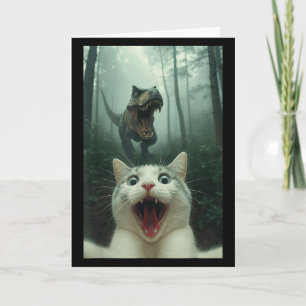 Rolig Vit Katt Självporträtt Med T-Rex Dinosaurie, Kort