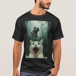 Rolig Vit Katt Självporträtt Med T-Rex Dinosaurie, T Shirt