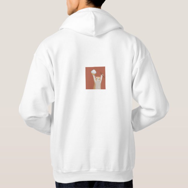 Rolig vit katt "Skål" Baktryck Hoodie – Söt  (Baksida)