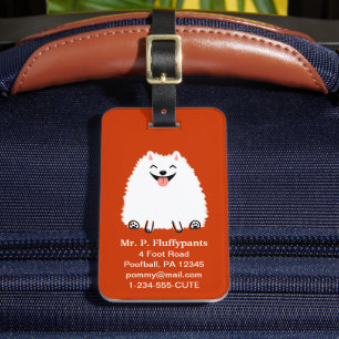 Rolig vit Pomeranian med anpassningsbar text Bagagebricka