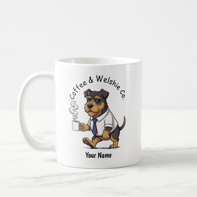 Rolig walesisk terrier hund affärskostym kaffe kaffemugg (Vänster)