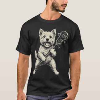 Rolig Westie Hund som Spelar Lacrosse Sport Vintag T Shirt