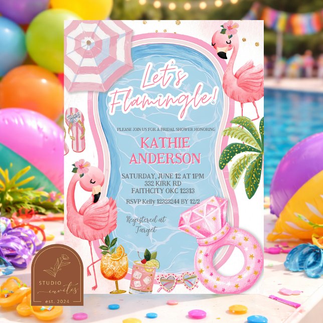 Rolig Whimsical Flamingo Bröllopsdusch Poolparty Inbjudningar (Skapare uppladdad)