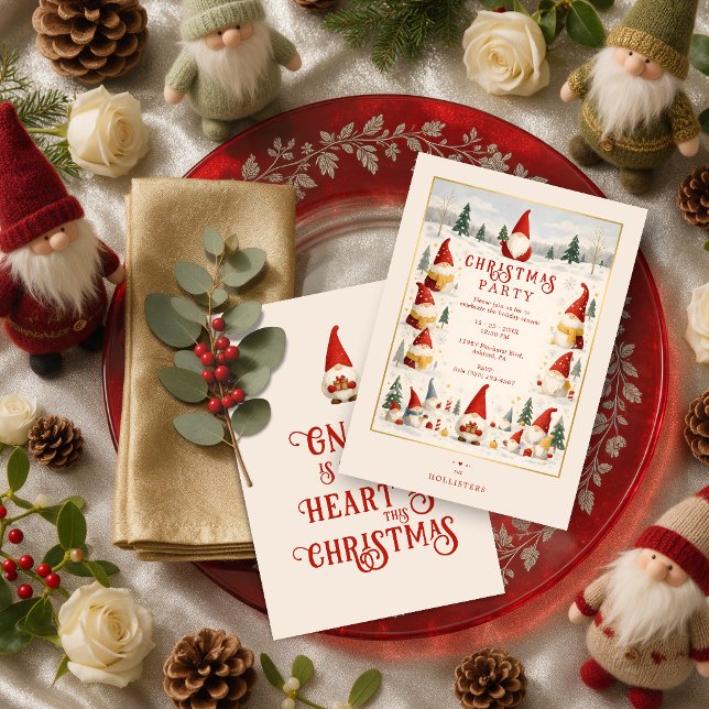Rolig Whimsical Jul Tomte Fest TMF26 Inbjudningar (Whimsical Christmas Gnome Christmas Party Invitation with Faux Gold Effect Frame.)