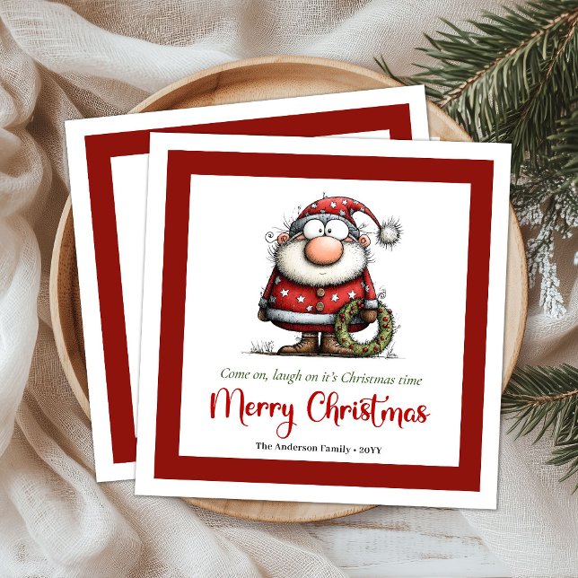 Rolig Whimsical Tomte Minimal Jul  Pappersservett (Funny Whimsical Santa Claus Minimal Christmas Napkins)