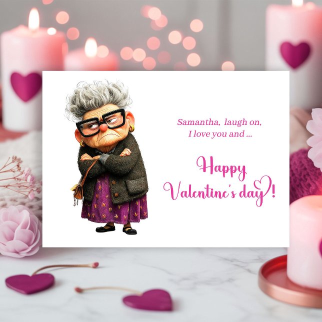 Rolig Whimsisk Grinig Dam Valentine’s Day-kort Julkort (Funny Whimsical Grumpy Lady Valentine’s Day Card)