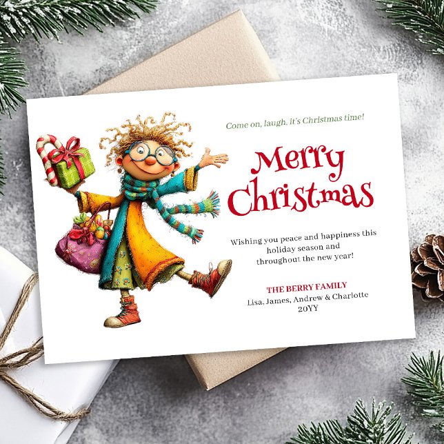 Rolig Whimsisk Kvinna Personlig Julkort (Fun Whimsical Woman Personalized Christmas Card)
