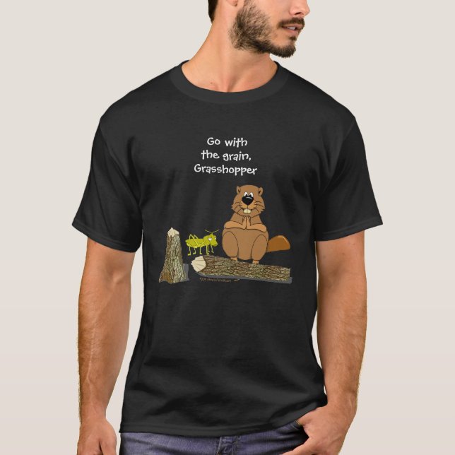 Rolig Wood roterande bäver- och gräshoppatecknad T Shirt (Framsida)