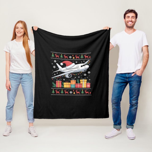 Rolig Xmas Belysning Träd Tomte Ful Flygplan  Fleecefilt (På plats)