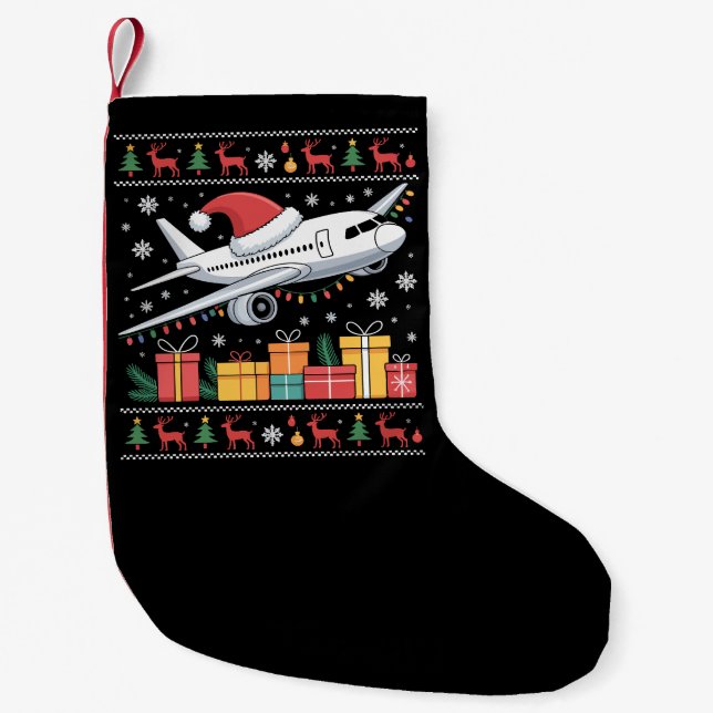 Rolig Xmas Belysning Träd Tomte Ful Flygplan  Liten Julstrumpa (Framsidan)