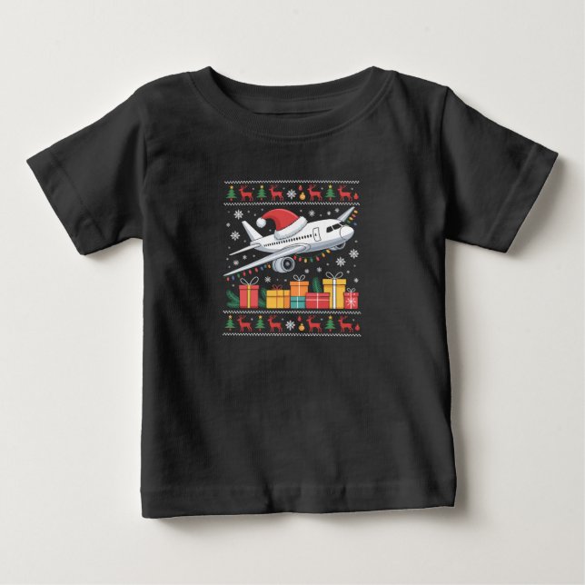 Rolig Xmas Belysning Träd Tomte Ful Flygplan  T Shirt (Framsida)