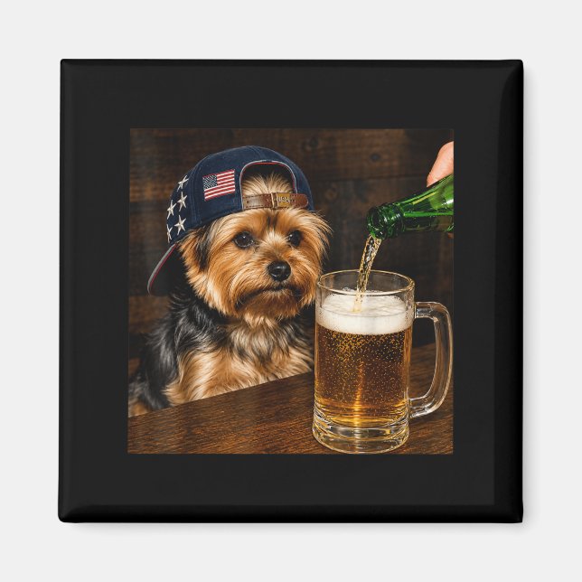 Rolig Yorkie Dricker Öl Hund Meme 4:e Juli Magnet (Framsidan)