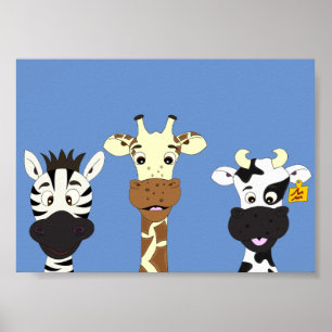 Rolig zebra giraff ko tecknad film barn affisch