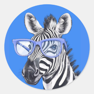 Rolig zebra med blå glasögon | Söt Runt Klistermärke