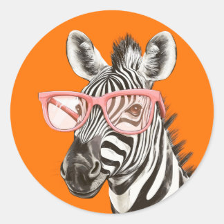 Rolig zebra med orange glasögon | Söt Runt Klistermärke