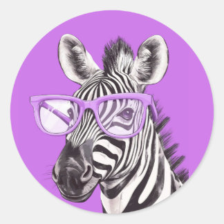 Rolig zebra rund dekal med lila glasögon runt klistermärke