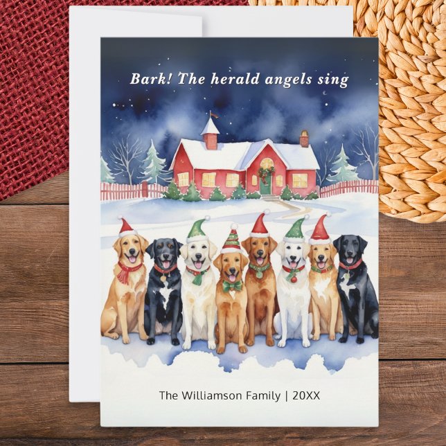 Roliga akvarellhundar som sjunger julvisor julkort (A funny cartoon Christmas card with festive dogs singing their favorite carol in the winter snow)