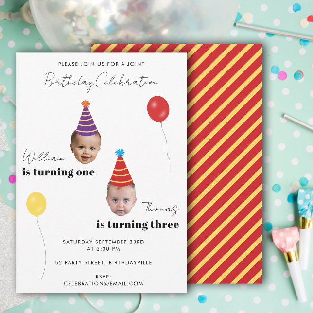 Roliga Ansiktsbilder Barns Gemensamma Födelsedagsf Inbjudningar (Funny Face Photos Kids Joint Birthday Party Invitation)