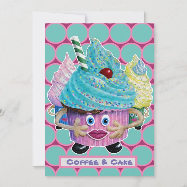 Roliga avslappnade vänner, familj tårta och kaffe inbjudningar (Framsida)