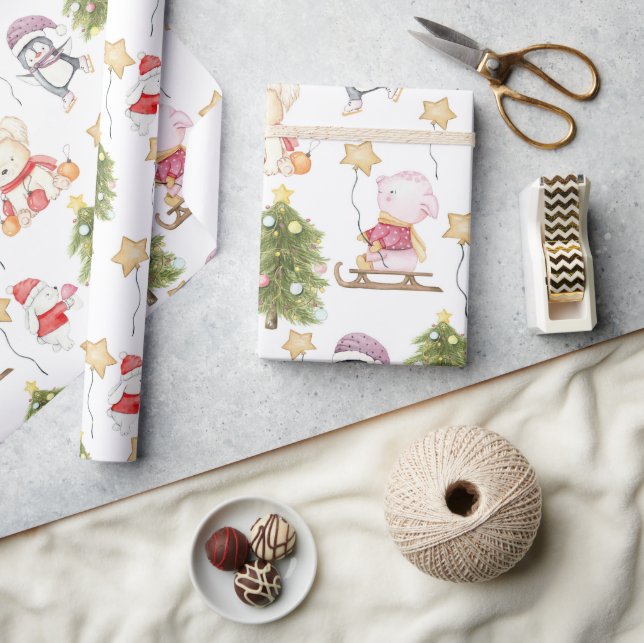 Roliga baby djur stjärnor träd jul presentpapper (Hantverk)