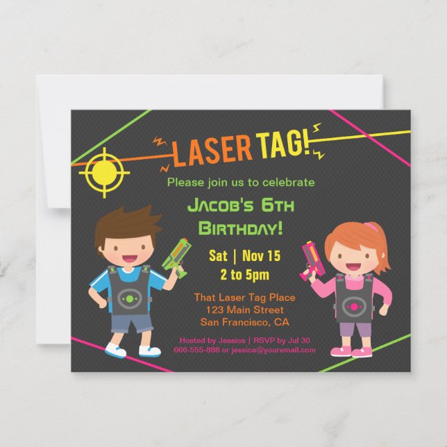 Roliga barn laser tag födelsedagsfest inbjudningar (Framsida)