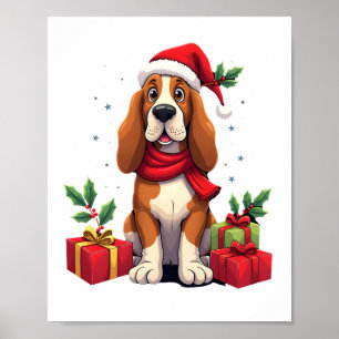 Roliga Basset Hound Hund Jul Outfits Santa Hatt Poster