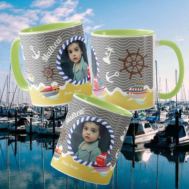 Roliga båtar Foto Grå Gul Mugg (Boys Birthday Mug
Fun Boats Photo Grey Yellow Mug)
